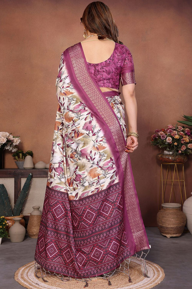 Cream Printed Cotton Silk Saree (AAXITA1-WINE2)