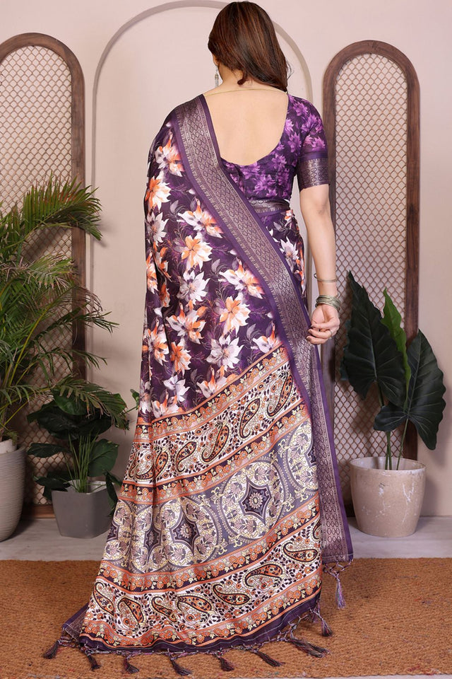 Purple Floral Printed Cotton Silk Saree (AAXITA2-PURPLE)