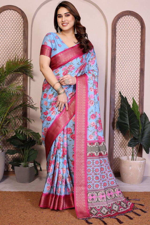 Blue Floral Printed Cotton Silk Saree (AAXITA2-SKYBLUE)