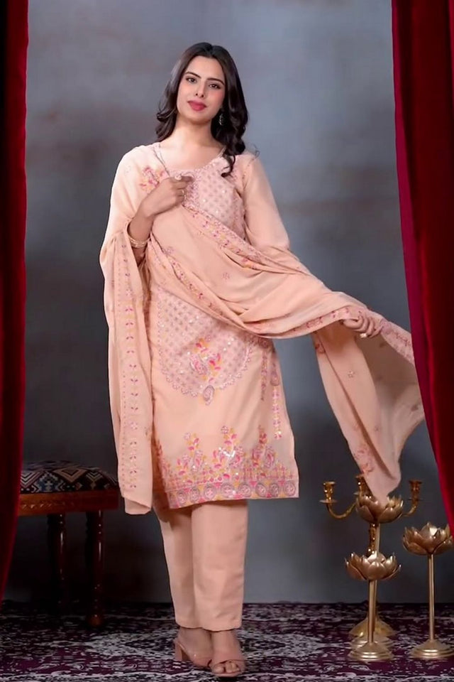 Peach Sequin with Embroidered Georgette Kurti Pant Set (AC-7106-Peach)