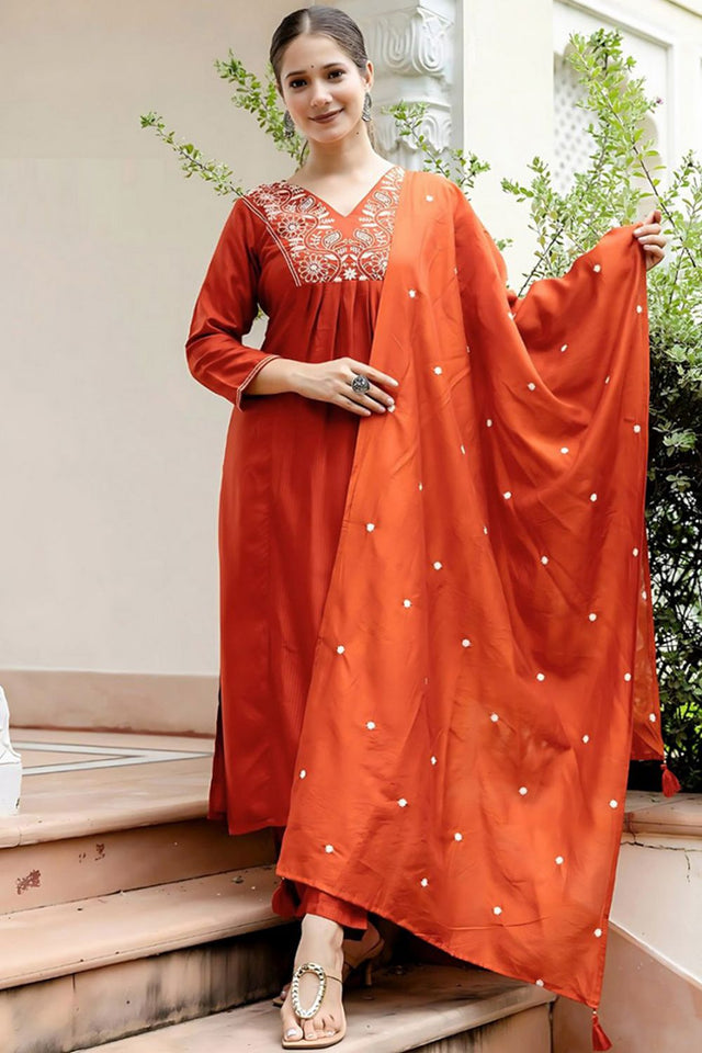 Orange Floral Embroidered Viscose Kurti Pant Set (AC-748-Rust)