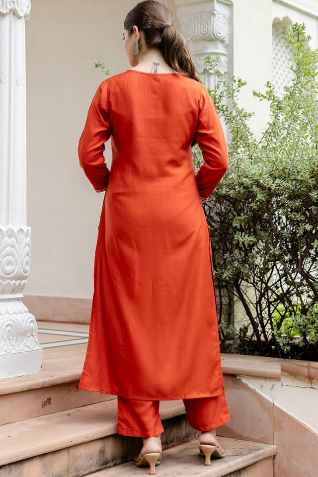 Orange Floral Embroidered Viscose Kurti Pant Set (AC-748-Rust)