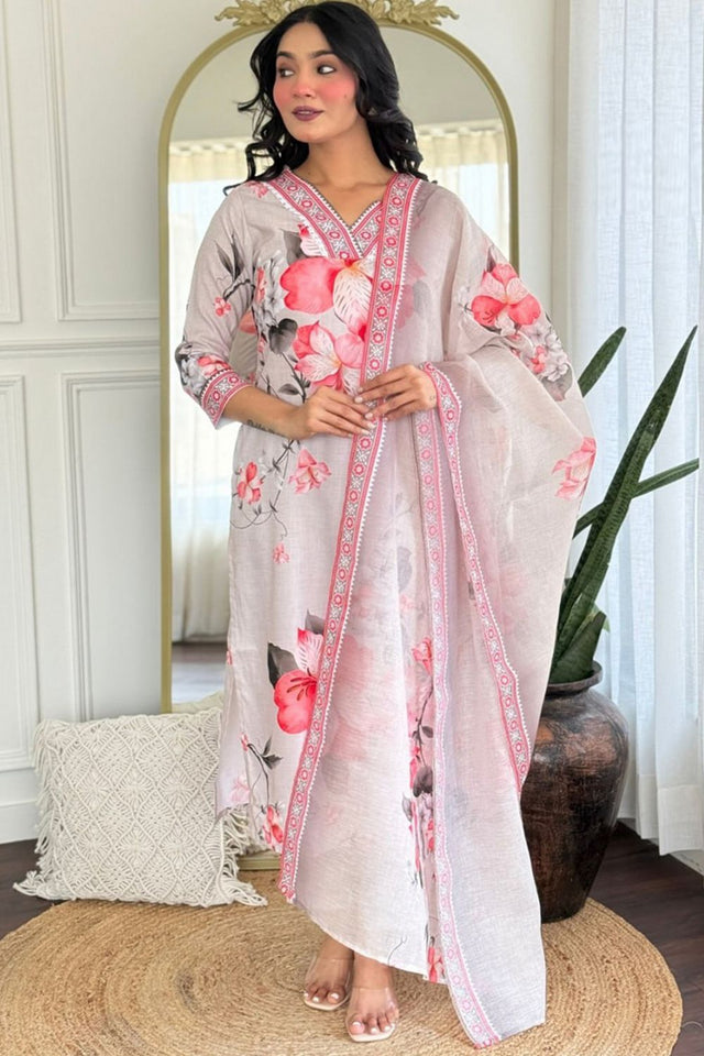 Cream Floral Printed Rayon Kurti Pant Set (AC-760-Cream)
