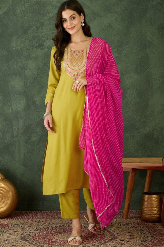 Yellow Embroidered Rayon Kurti Pant Set (AC-782-Yellow)