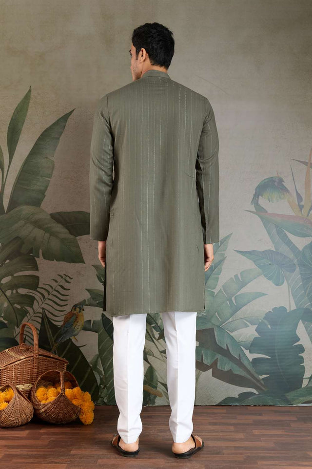 Olive Green Embroidered Viscose Men's Kurta Sets (ACA1237)