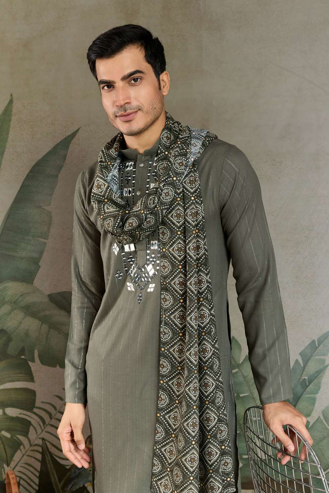 Olive Green Embroidered Viscose Men's Kurta Sets (ACA1237)
