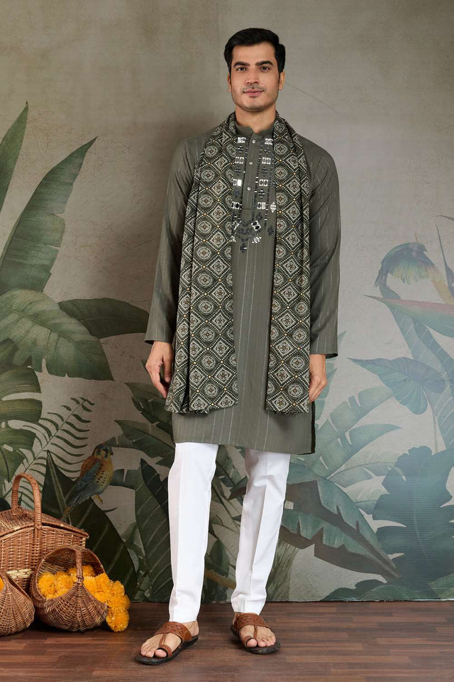 Olive Green Embroidered Viscose Men's Kurta Sets (ACA1237)
