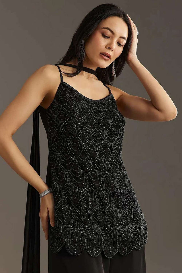 Black Embroidered Georgette Palazzo Suit Set