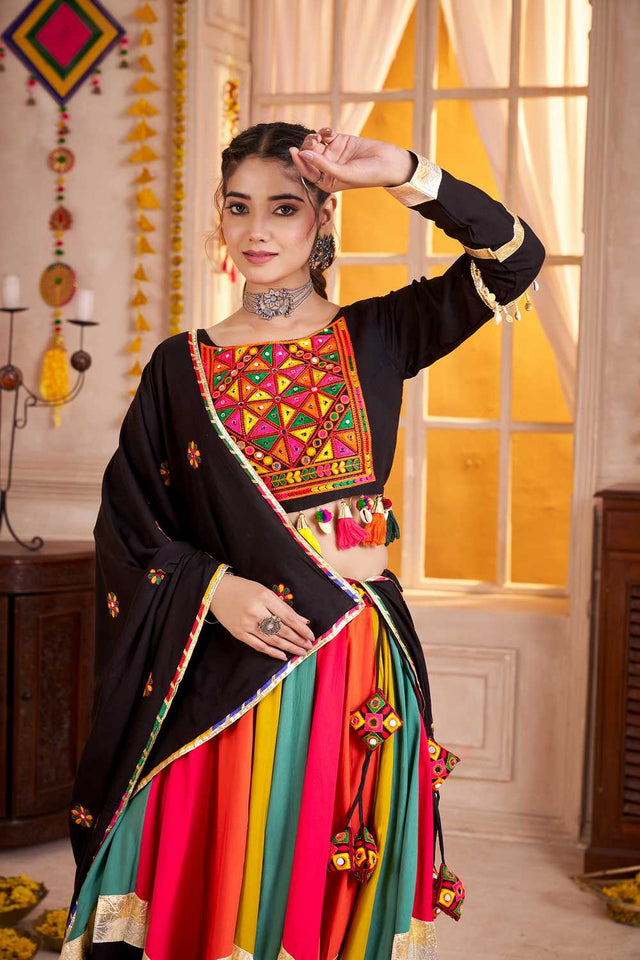 Multi Color Embroidered Cotton Lehenga