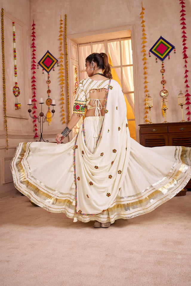 Off White Embroidered Cotton Lehenga