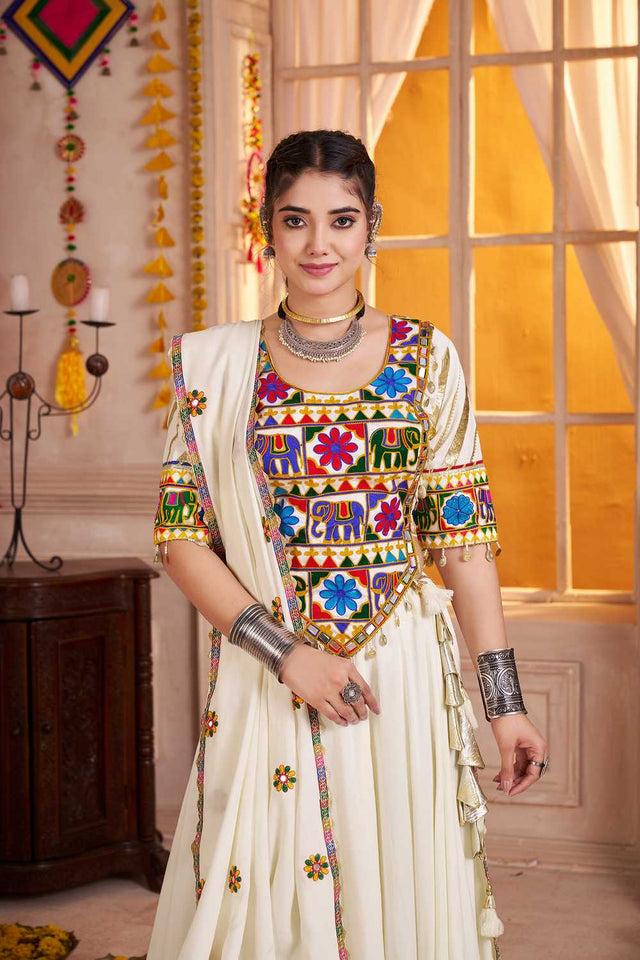 Off White Embroidered Cotton Lehenga