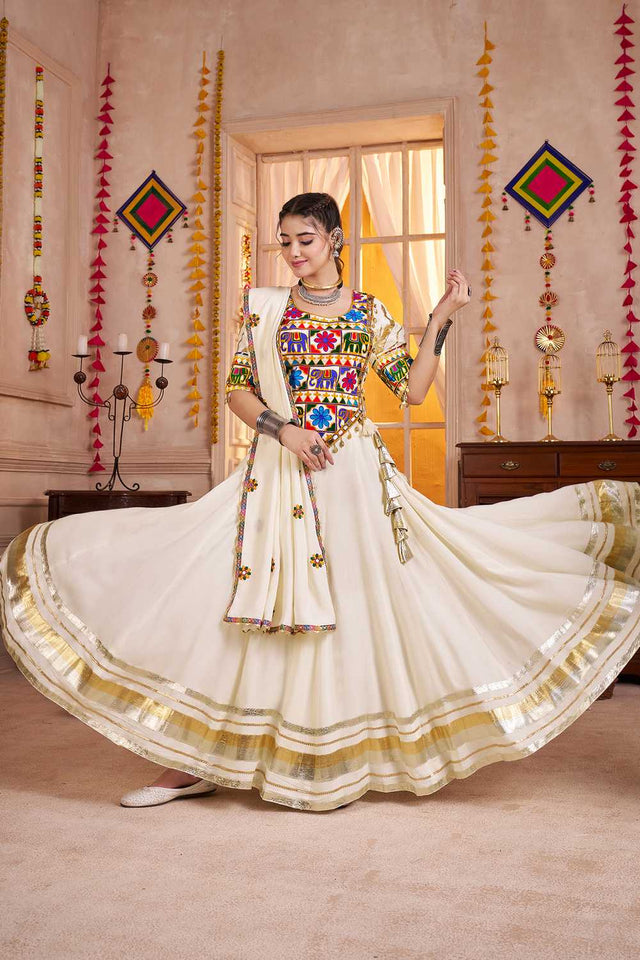 Off White Embroidered Cotton Lehenga