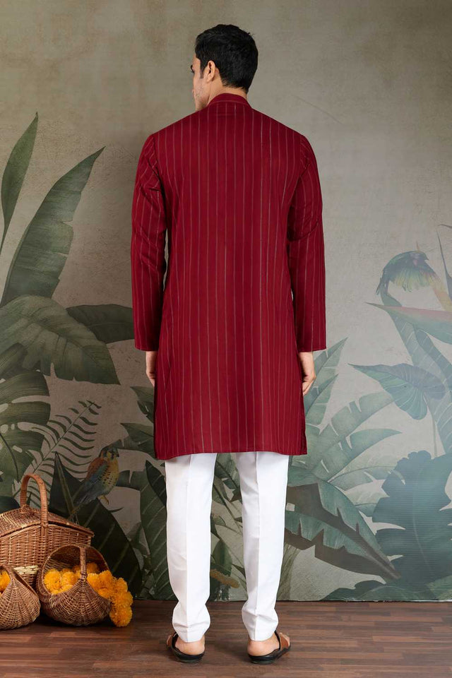 Men's Maroon Striped Viscose Kurta with Dupatta (ACA1256)