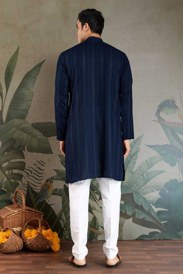 Men's Blue Striped Viscose Kurta with Dupatta (ACA1258)