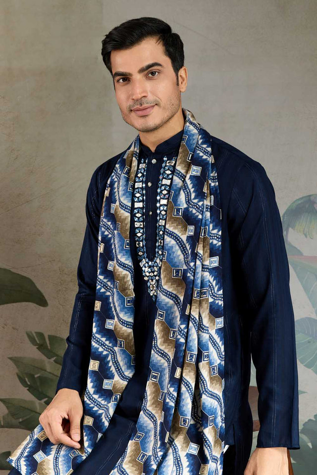 Men's Blue Striped Viscose Kurta with Dupatta (ACA1258)