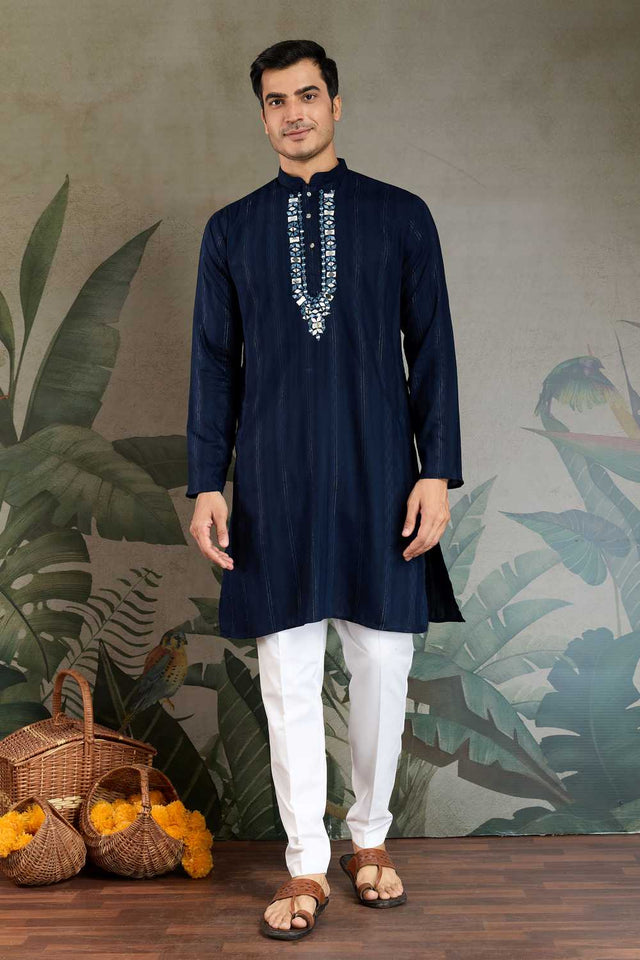 Men's Blue Striped Viscose Kurta with Dupatta (ACA1258)