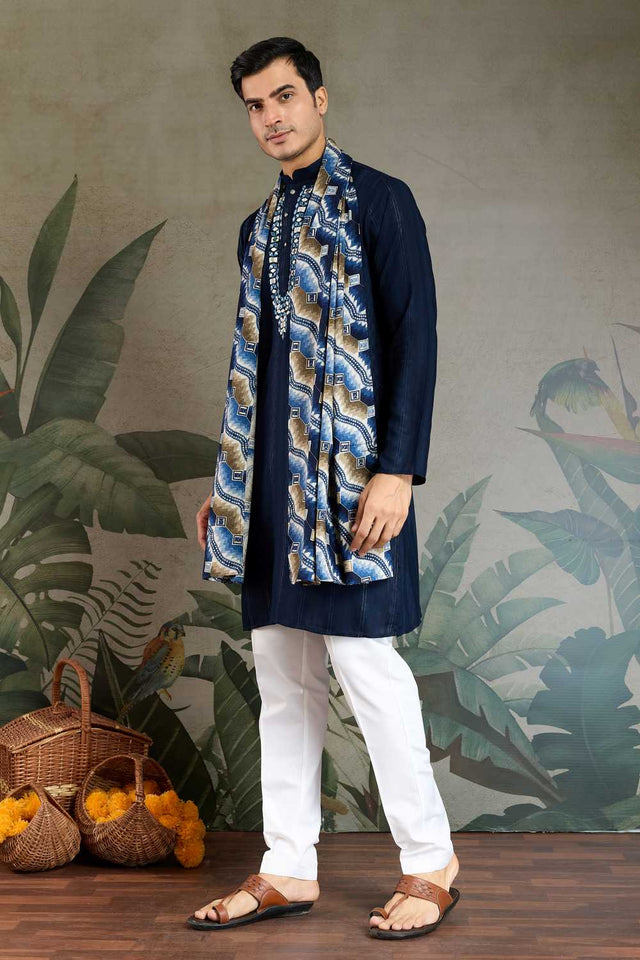 Men's Blue Striped Viscose Kurta with Dupatta (ACA1258)