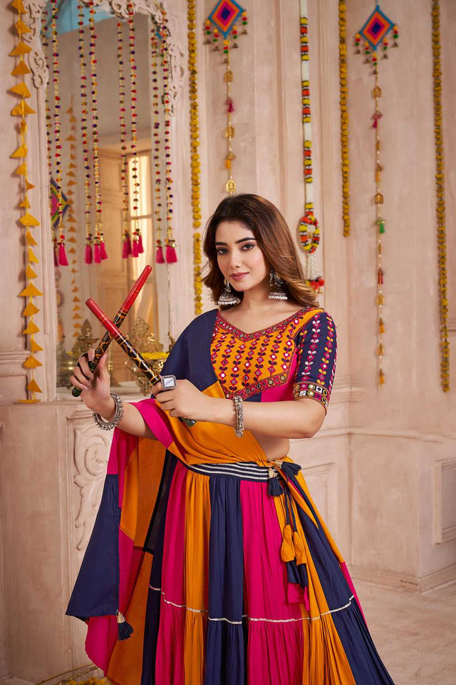 Multi Color Lace Work Cotton Lehenga (ACA1360)
