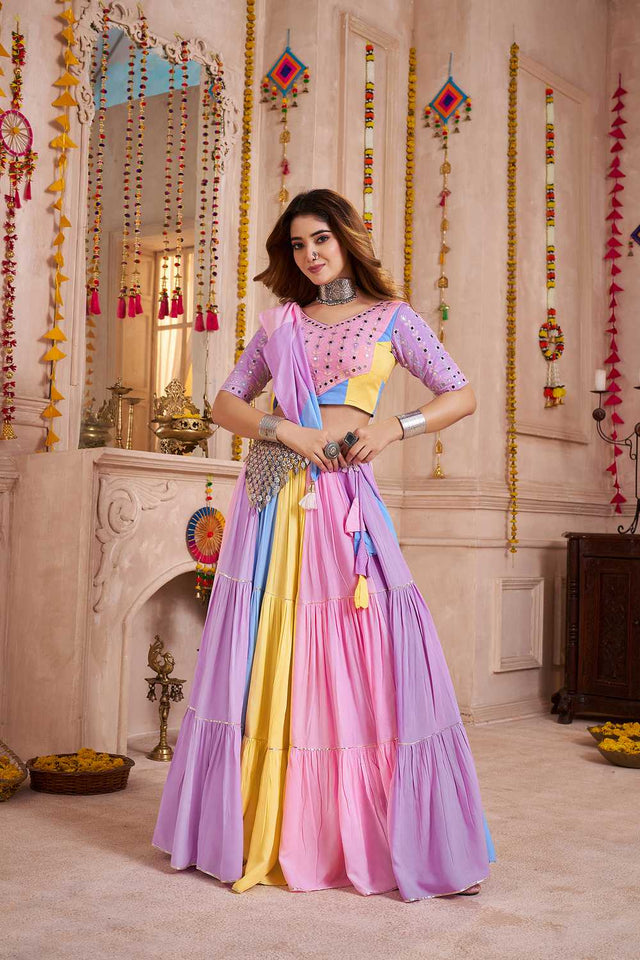 Multi Color Lace Work Cotton Lehenga (ACA1361)