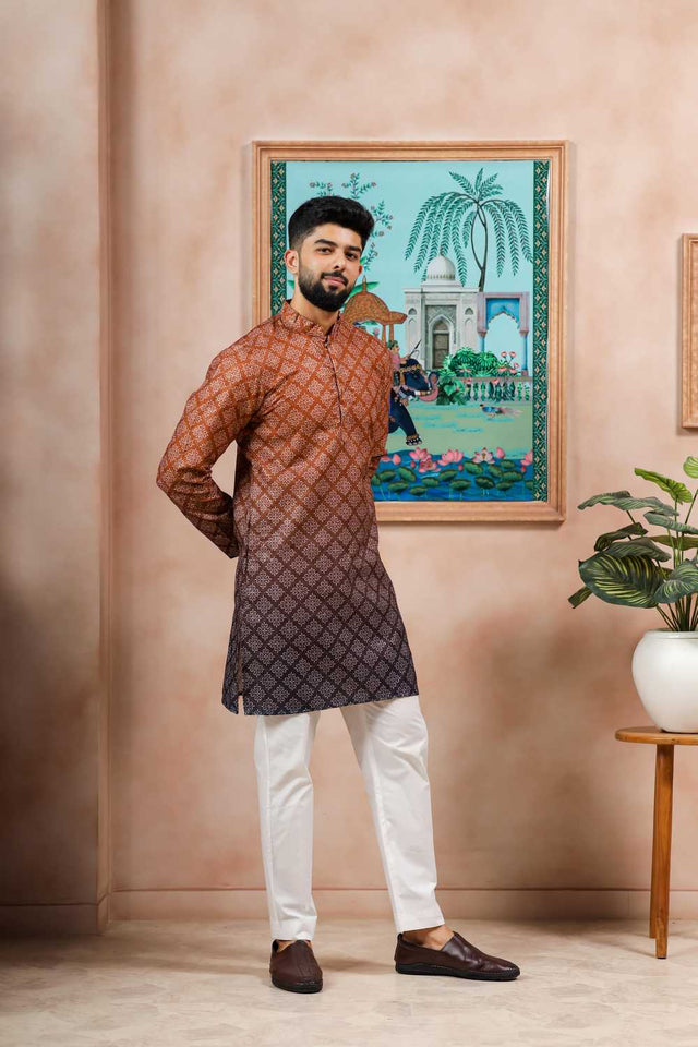 Men's Brown Printed Cotton Kurta with Dupatta