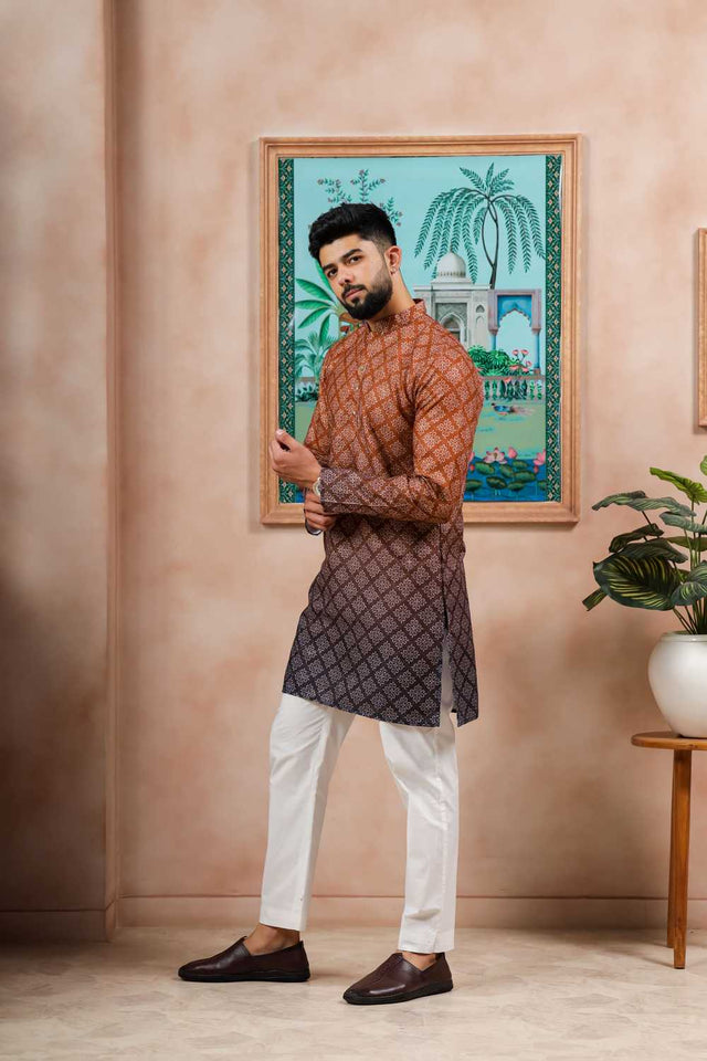 Men's Brown Printed Cotton Kurta with Dupatta
