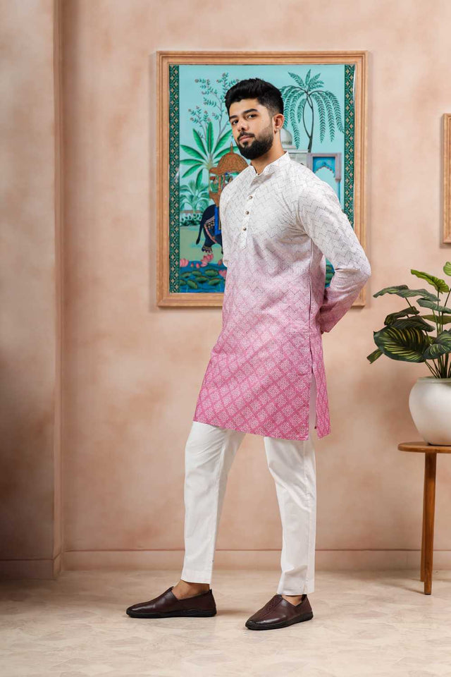 Men's Cream Printed Cotton Kurta with Dupatta
