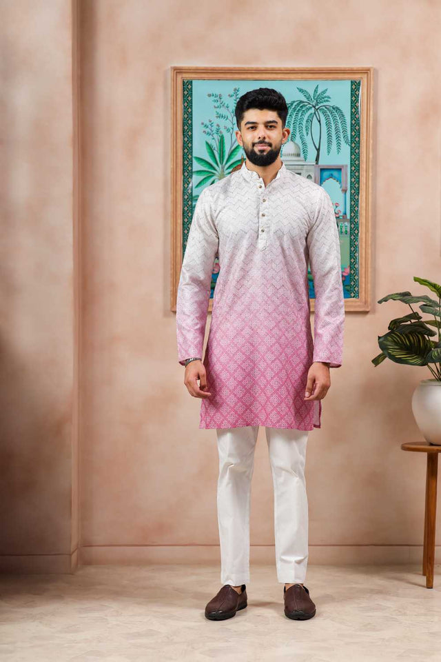 Men's Cream Printed Cotton Kurta with Dupatta
