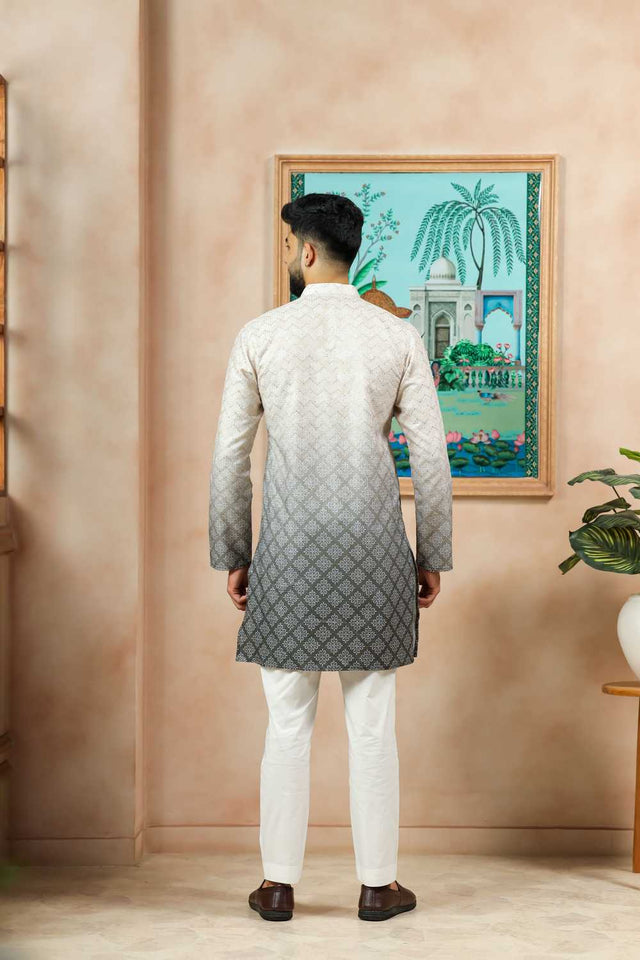 Men's Cream Printed Cotton Kurta with Dupatta