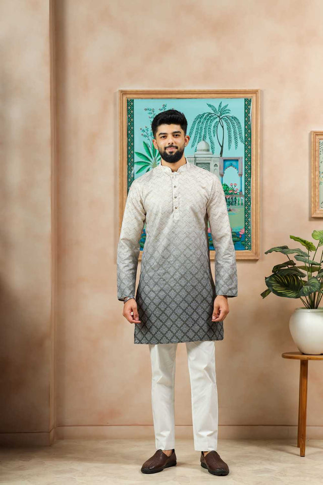 Men's Cream Printed Cotton Kurta with Dupatta