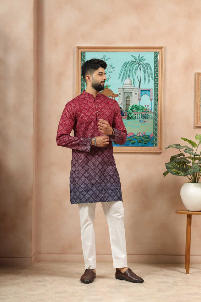 Men's Maroon Printed Cotton Kurta with Dupatta