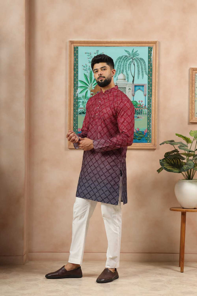Men's Maroon Printed Cotton Kurta with Dupatta