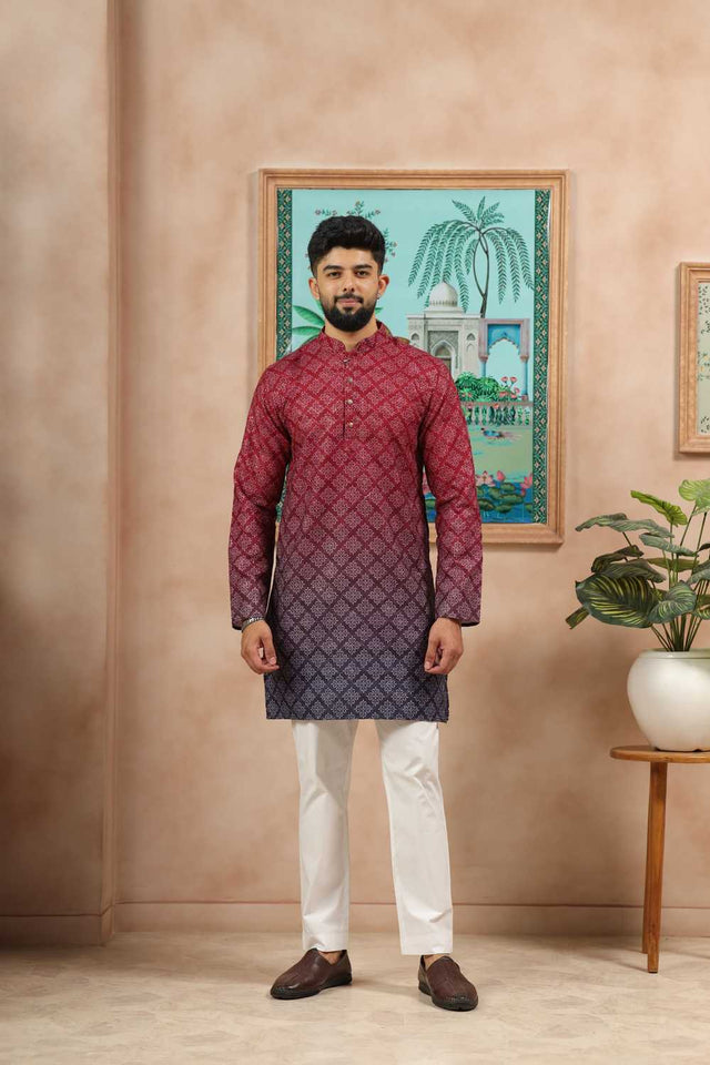 Men's Maroon Printed Cotton Kurta with Dupatta