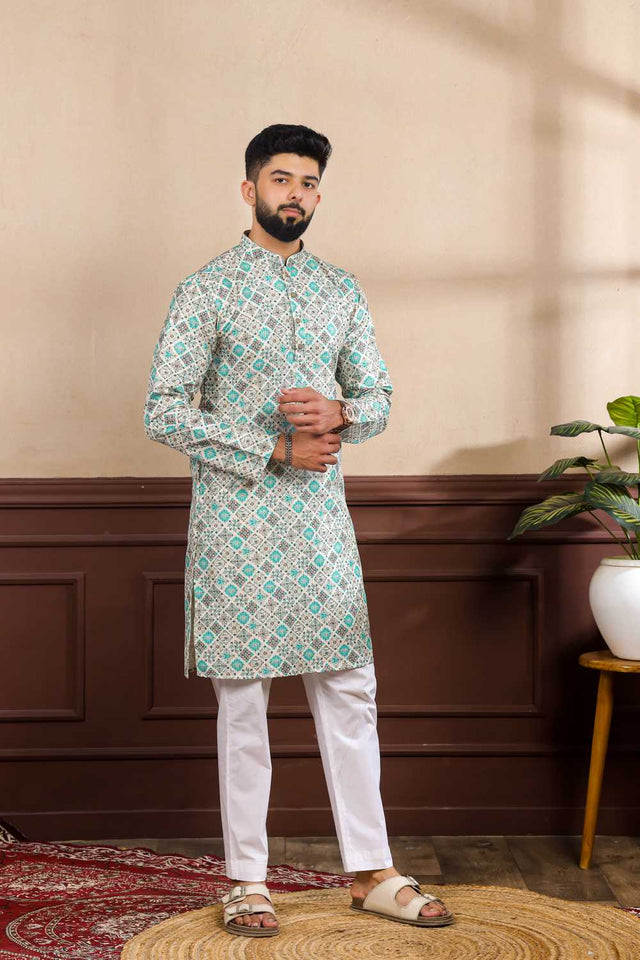Men's Blue Printed Art Silk Kurta with Dupatta