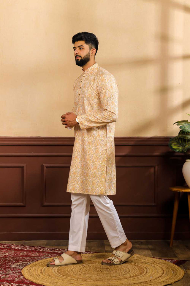Men's Mustard Printed Art Silk Kurta with Dupatta