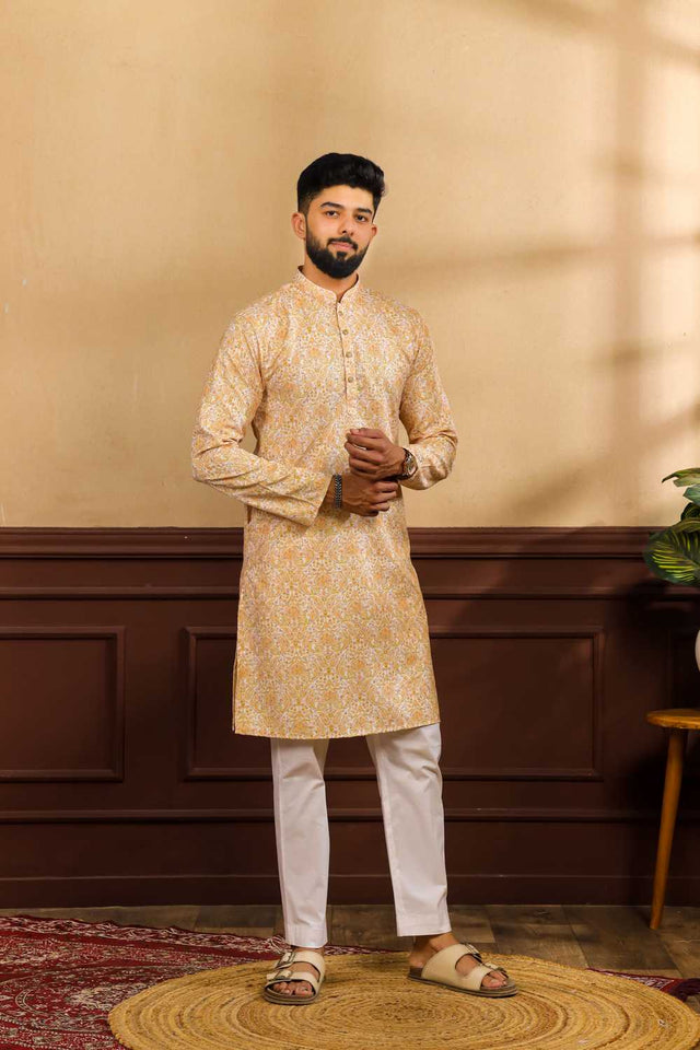 Men's Mustard Printed Art Silk Kurta with Dupatta