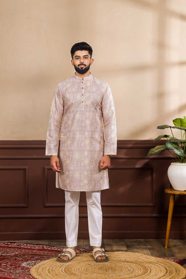 Men's Lavender Printed Art Silk Kurta with Dupatta