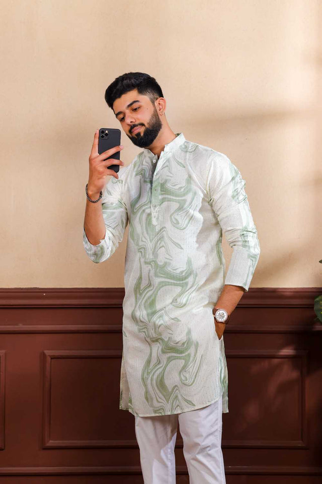 Men's Green Printed Art Silk Kurta with Dupatta