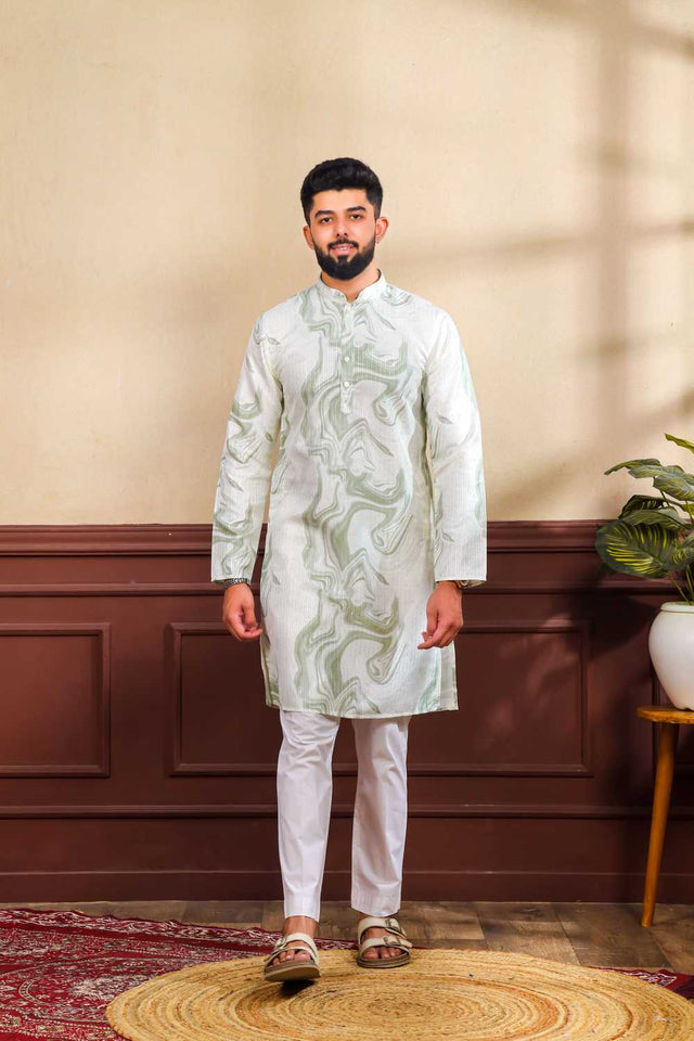 Men's Green Printed Art Silk Kurta with Dupatta