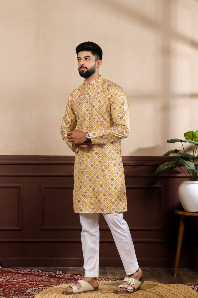 Men's Mustard Printed Art Silk Kurta with Dupatta