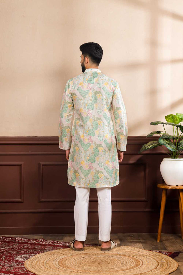 Men's Multi Color Printed Art Silk Kurta with Dupatta