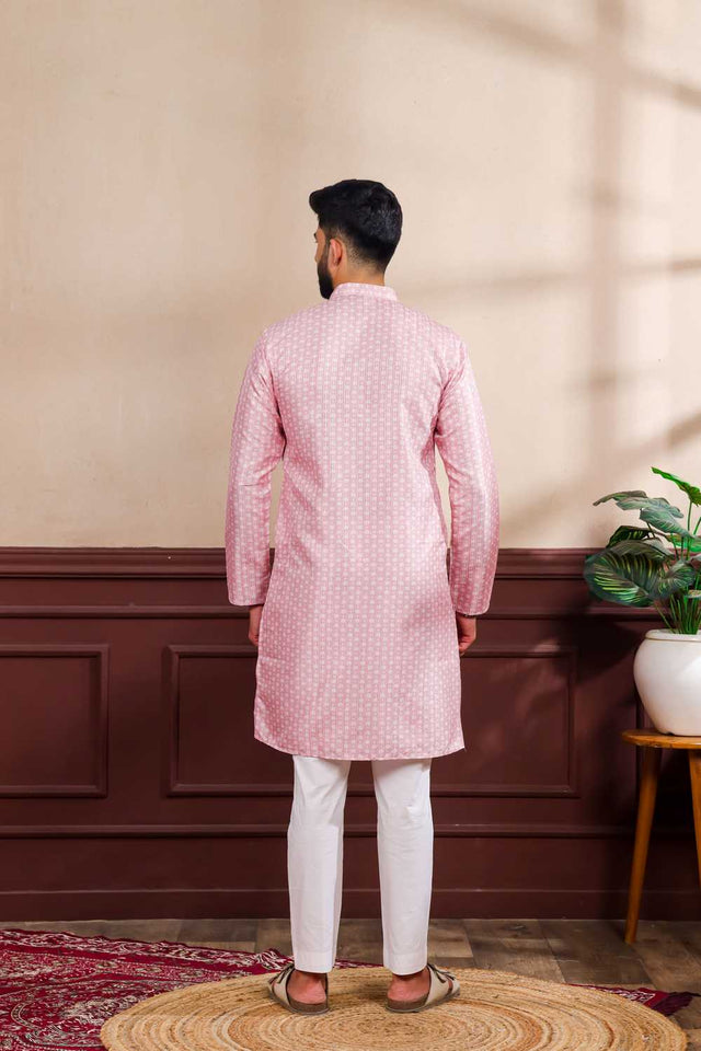 Men's Pink Printed Art Silk Kurta with Dupatta