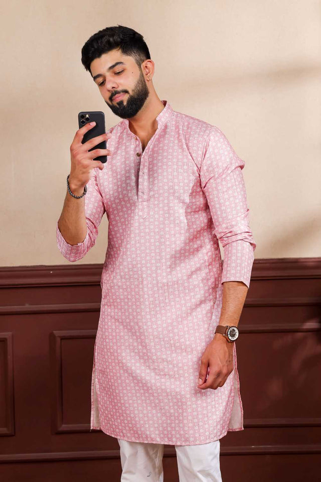 Men's Pink Printed Art Silk Kurta with Dupatta