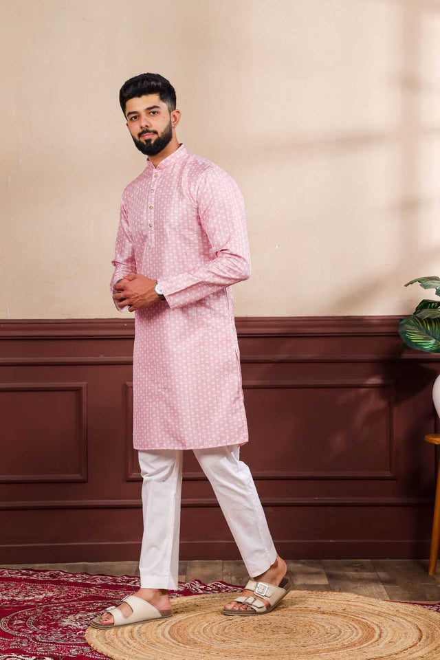 Men's Pink Printed Art Silk Kurta with Dupatta