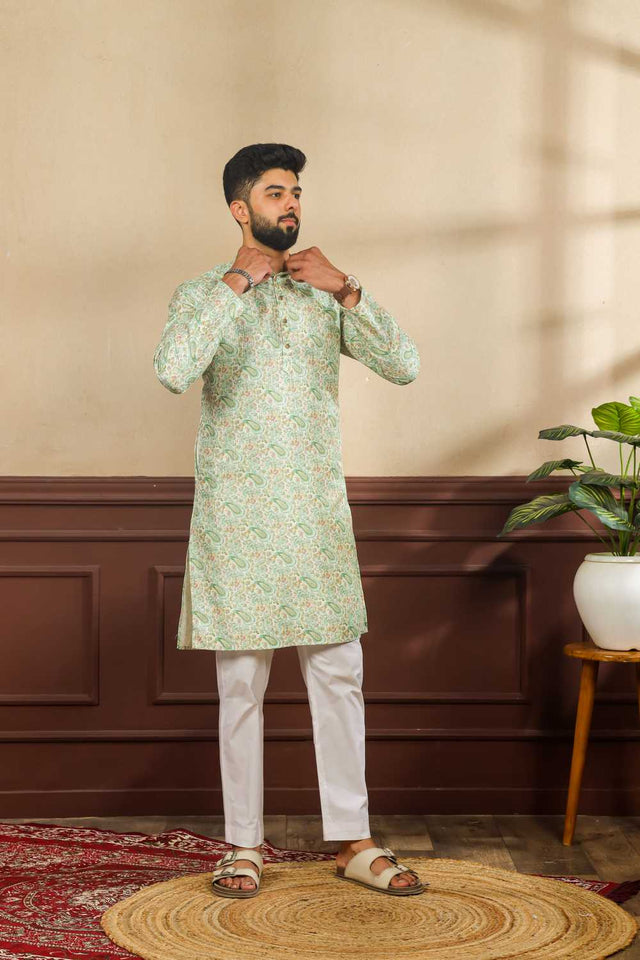 Men's Green Printed Art Silk Kurta with Dupatta