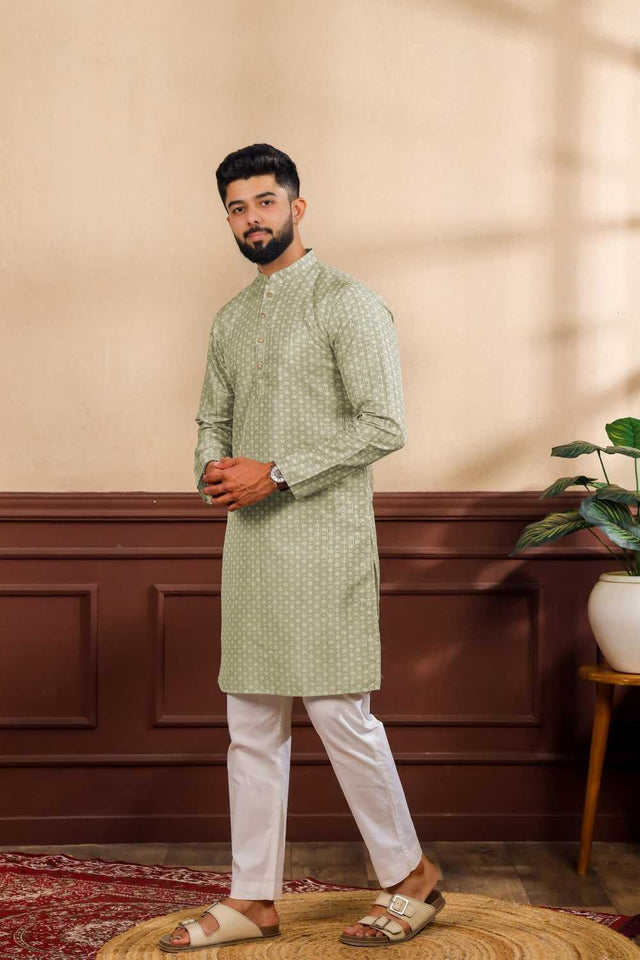 Men's Green Printed Art Silk Kurta with Dupatta