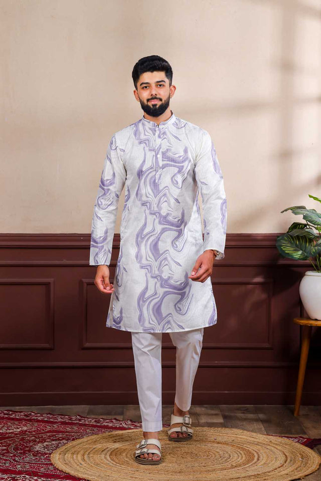 Men's Violet Printed Art Silk Kurta with Dupatta