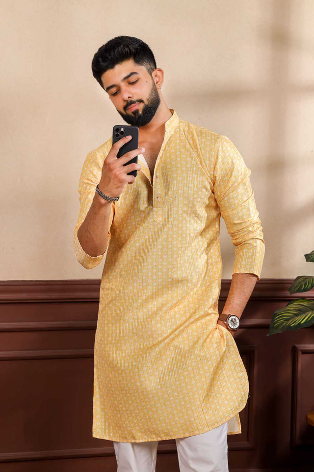 Men's Yellow Printed Art Silk Kurta with Dupatta