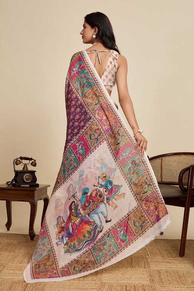 Violet Printed Linen Saree