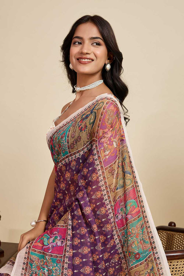 Violet Printed Linen Saree