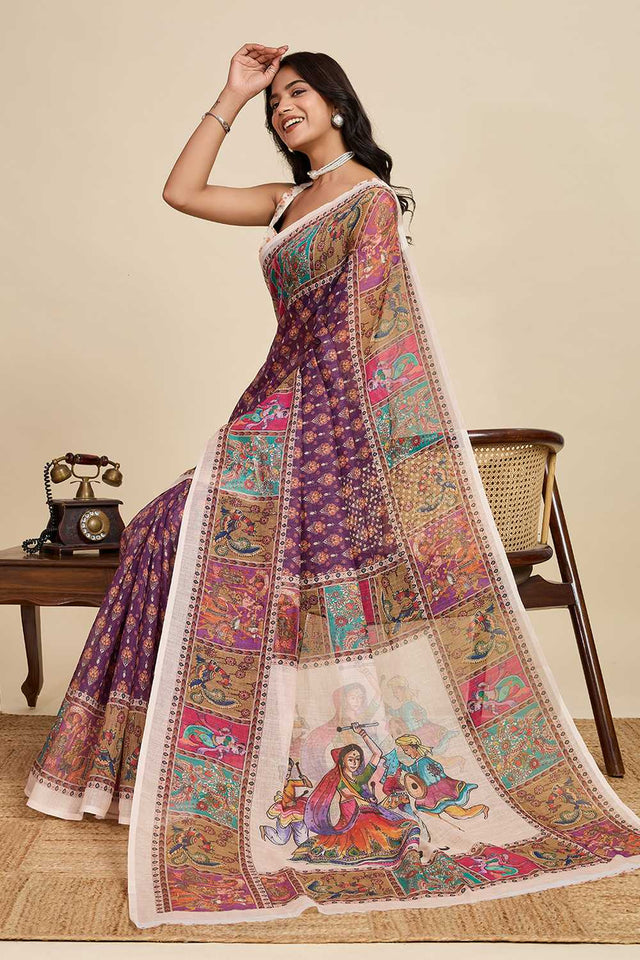 Violet Printed Linen Saree